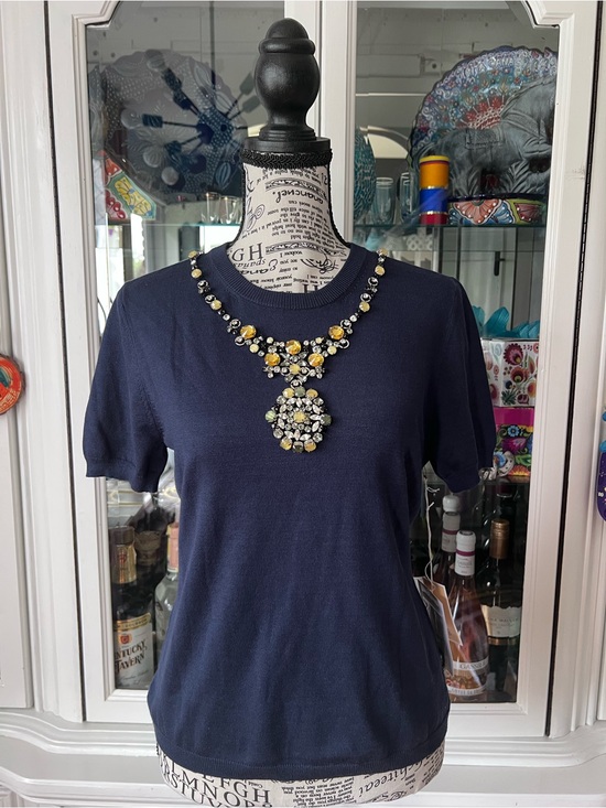 Per Se Sweaters - Per Se Navy Short-Sleeve Jewel-Embellished Knit Top S